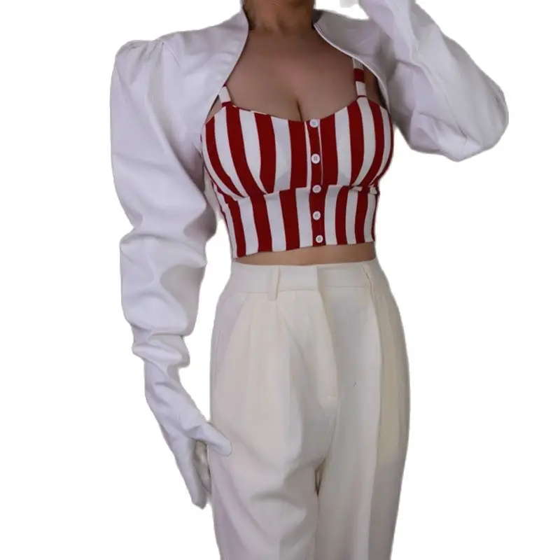BOLERO GLOVES Female PU 2025 Leather One-Piece new Gloves Loose Cuff Tops Big Sleeve Faux Leather Women Top Jackets Matte Red HPU10