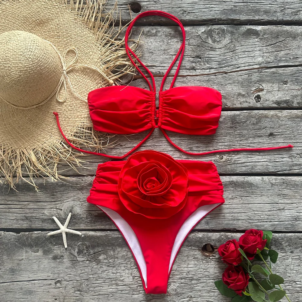 Two-Pieces Women Floral Lace Up 2023 Push-Up Padded Bra Red Bikini Set Swimsuit Swimwear Bathing Suit Beachwear Biquini