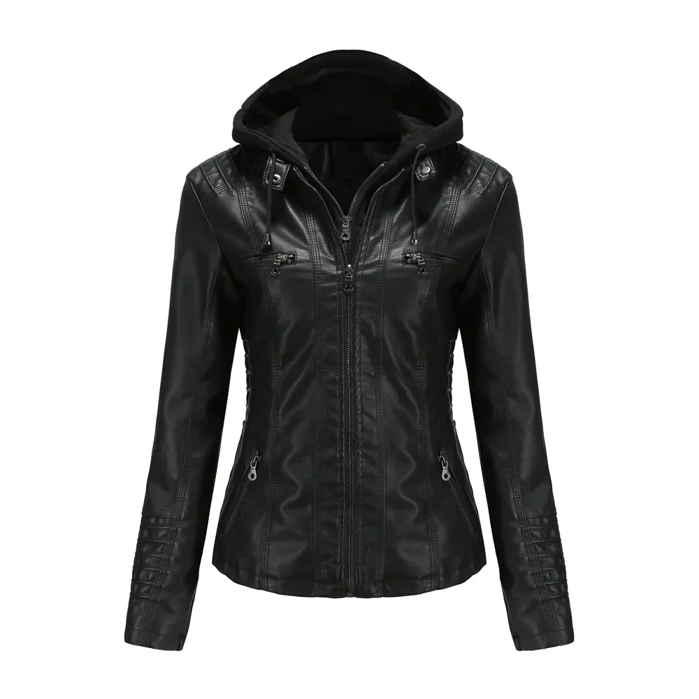 Faux Leather Jacket Women 2023 new Spring Hooded Moto Biker Zipper Jacket New in 2025 Outerwears Autumn Apricot Black White Red Brown XS