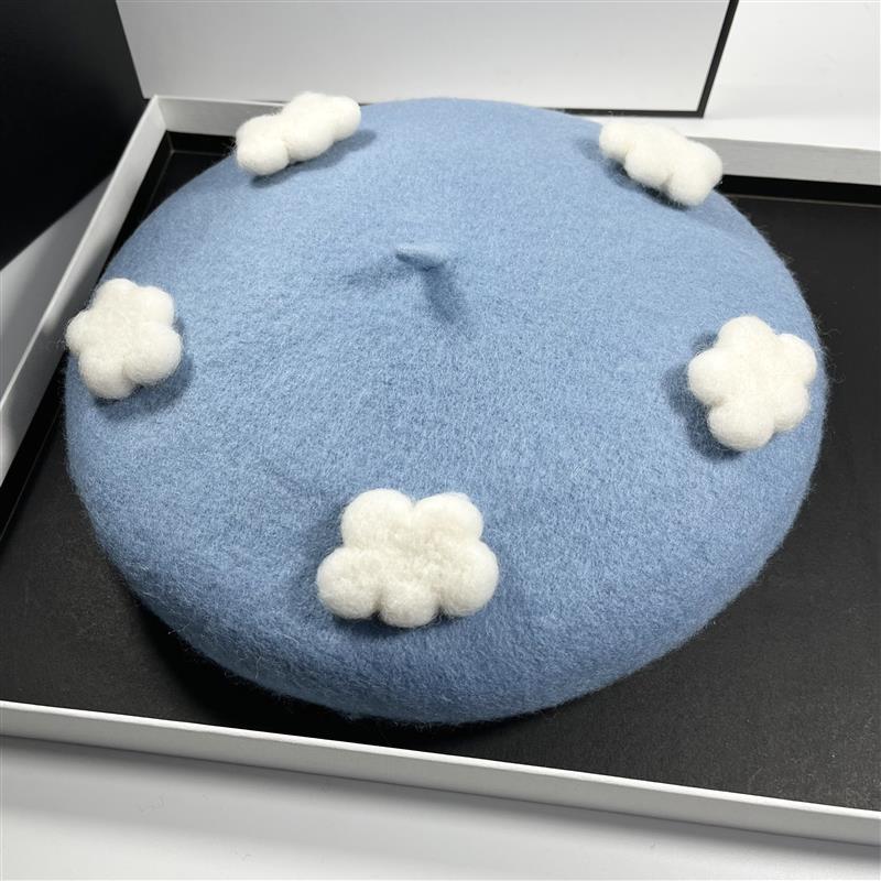 RH New Handmade new Cute White Clouds Wool Felt French Berets Spring Winter Artist Warm Painter Hats 2025 For Gift