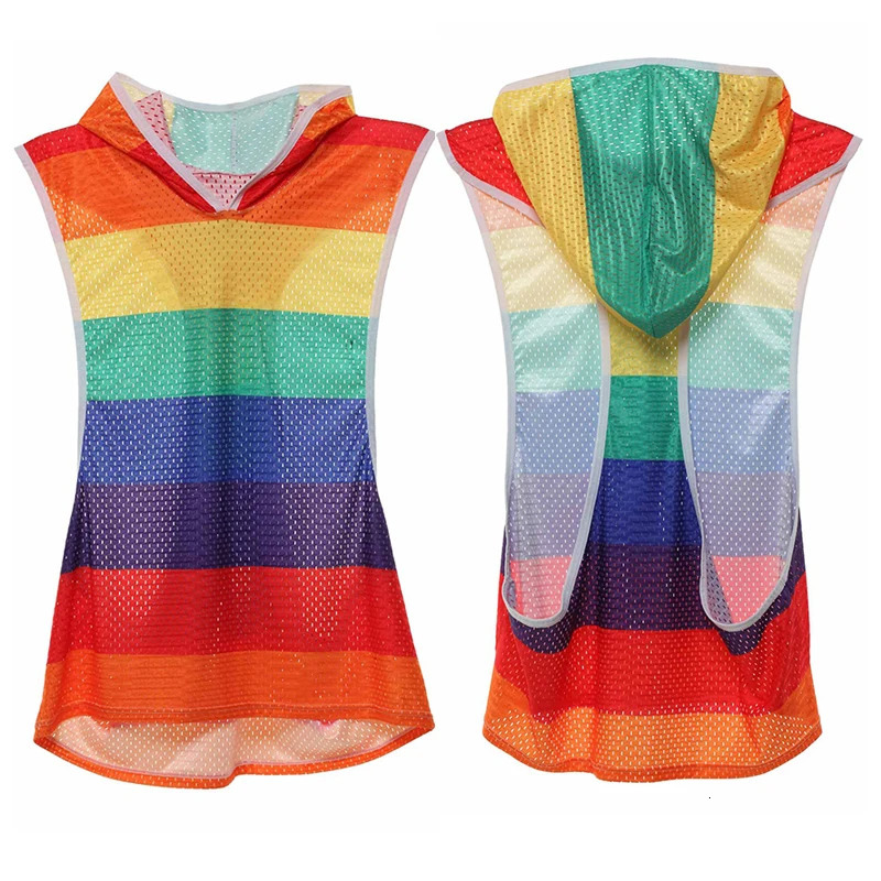 Mens Undershirts Rainbow Hooded Tank Tops Mesh Breathable Fitness Casual Vests Loose Shorts Homewear Tank 240327