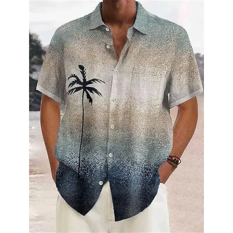 New Hawaiian 2025 shirt men's street shirt holiday casual new short sleeve Haruku coconut tree printed lapel men's oversized T-shirt