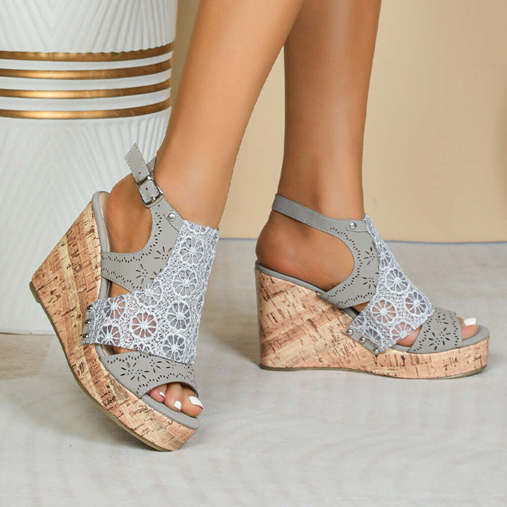Women's Sandals Summer New Thick Heel Grey Carved Flower Slope Heel Fish Mouth Daily Solid Color Fashion Sandals Women's ddmythur