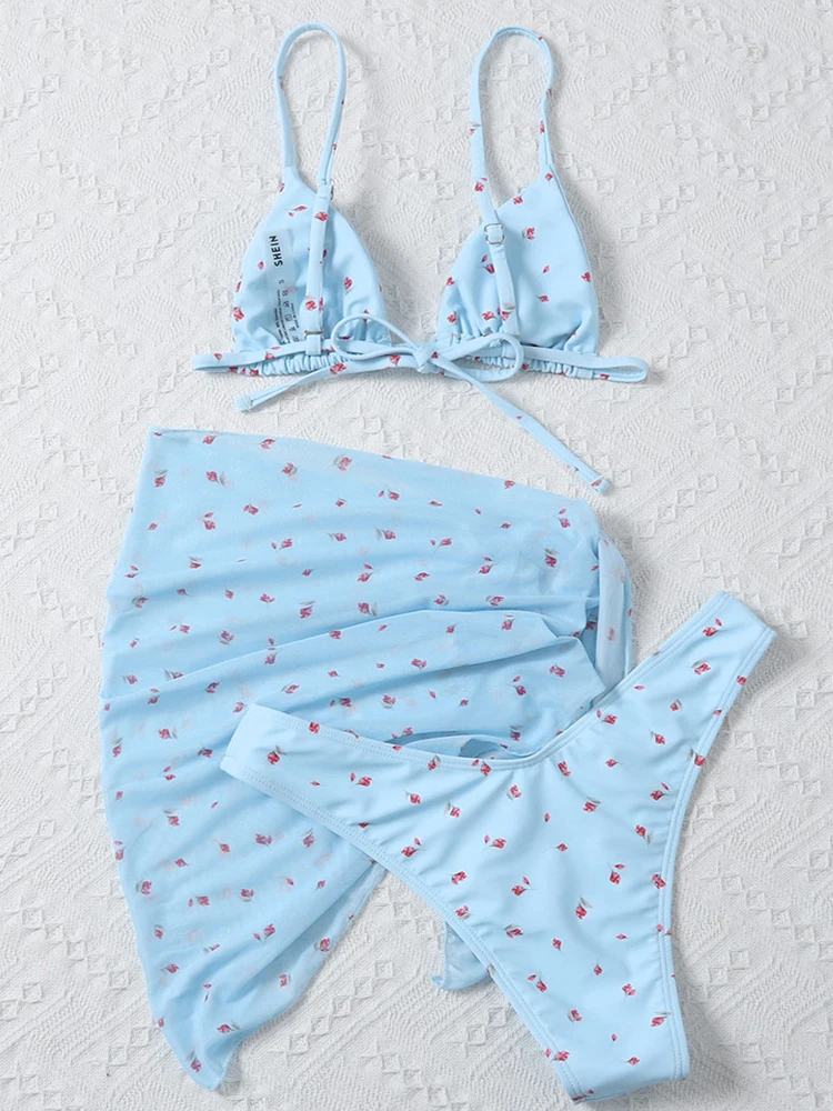 Peachtan Mesh 3 Pieces Bikinis Set new Print 2025 Women's Swimsuit Traingle Halter Bathing Suit Push Up Low Waist Swimwear 2023 Women
