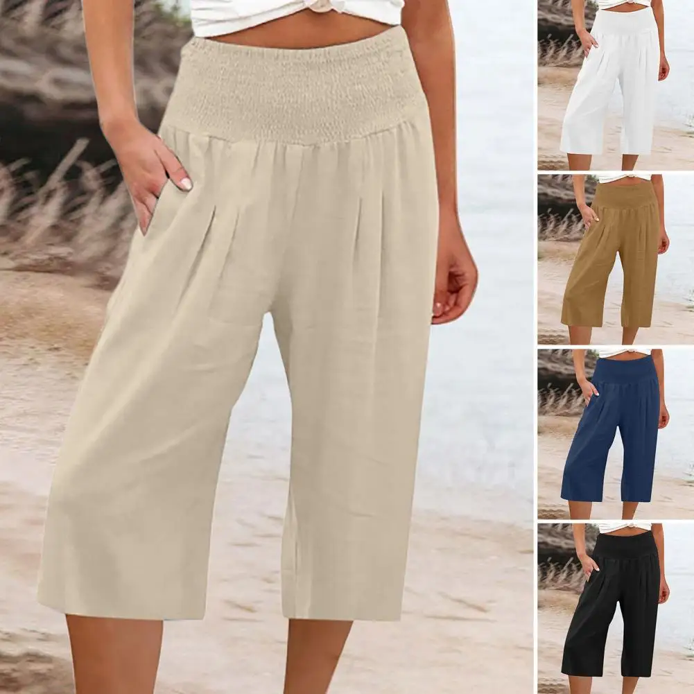 Women Summer Pants Solid Color Elastic Waist Wide Band Loose Breathable Mid-calf Length High Waist Women Cropped Pants