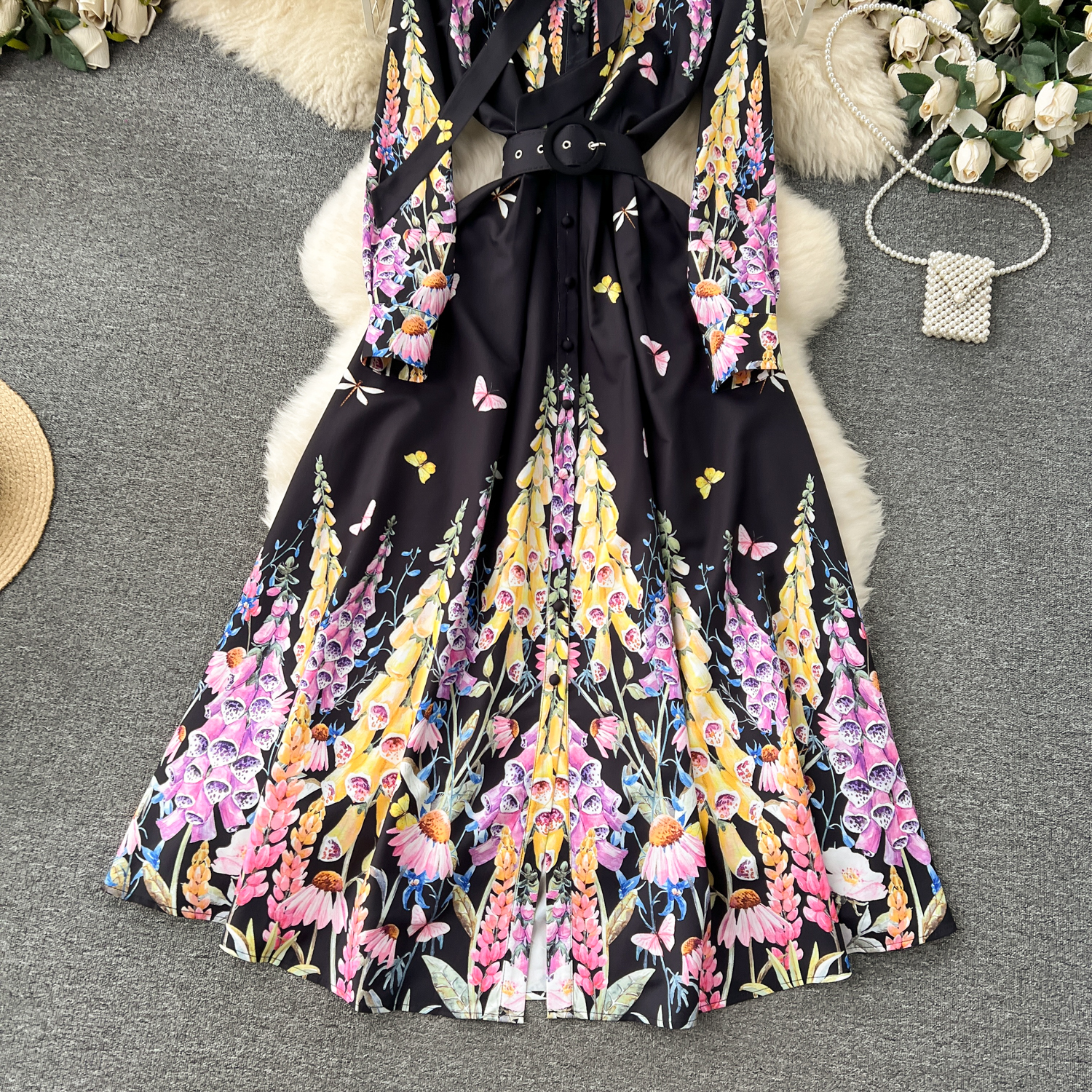 Basic Casual Dresses 2024 Summer Holiday Lavender Flower Dress Women Bow Collar Long Sleeve Floral Print Belt Single Breasted Belt Long