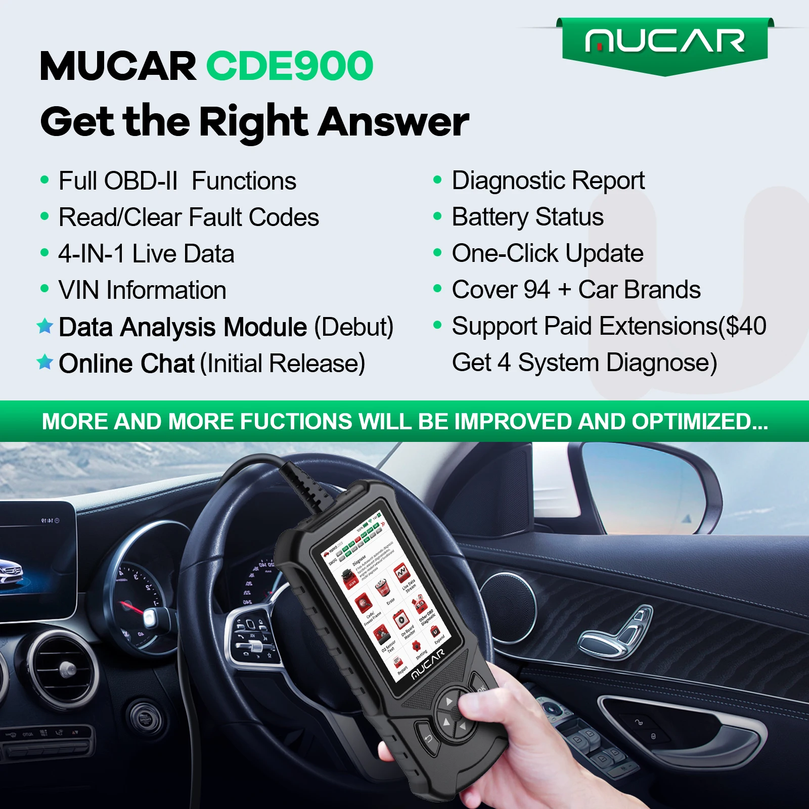 MUCAR CDE900 Obd2 Scanner 2+16G Auto Car Diagnostic Tools Automotive OBD Scanner Tool Code Reader 4" Touchscreen Free Update