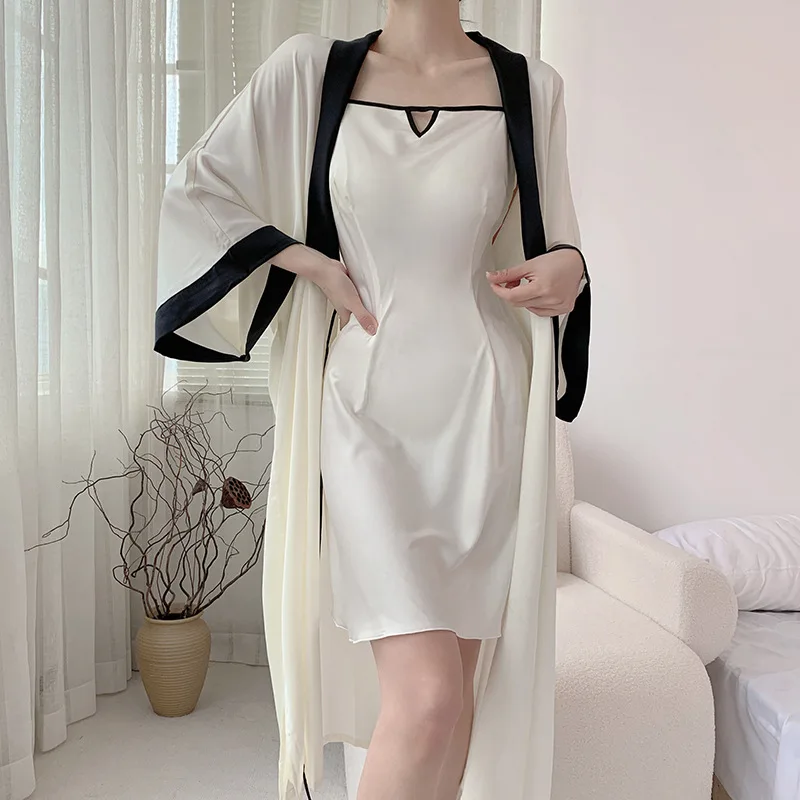 Women New Patchwork Robes Set Long Kimono Bathrobe Gonw Silk 2025 Satin Nightgown new French Style Spaghetti Strap Lingerie Loungewear
