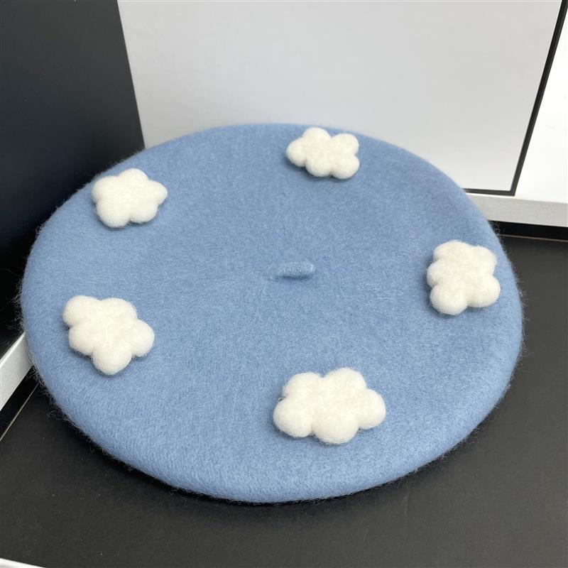 RH New Handmade new Cute White Clouds Wool Felt French Berets Spring Winter Artist Warm Painter Hats 2025 For Gift