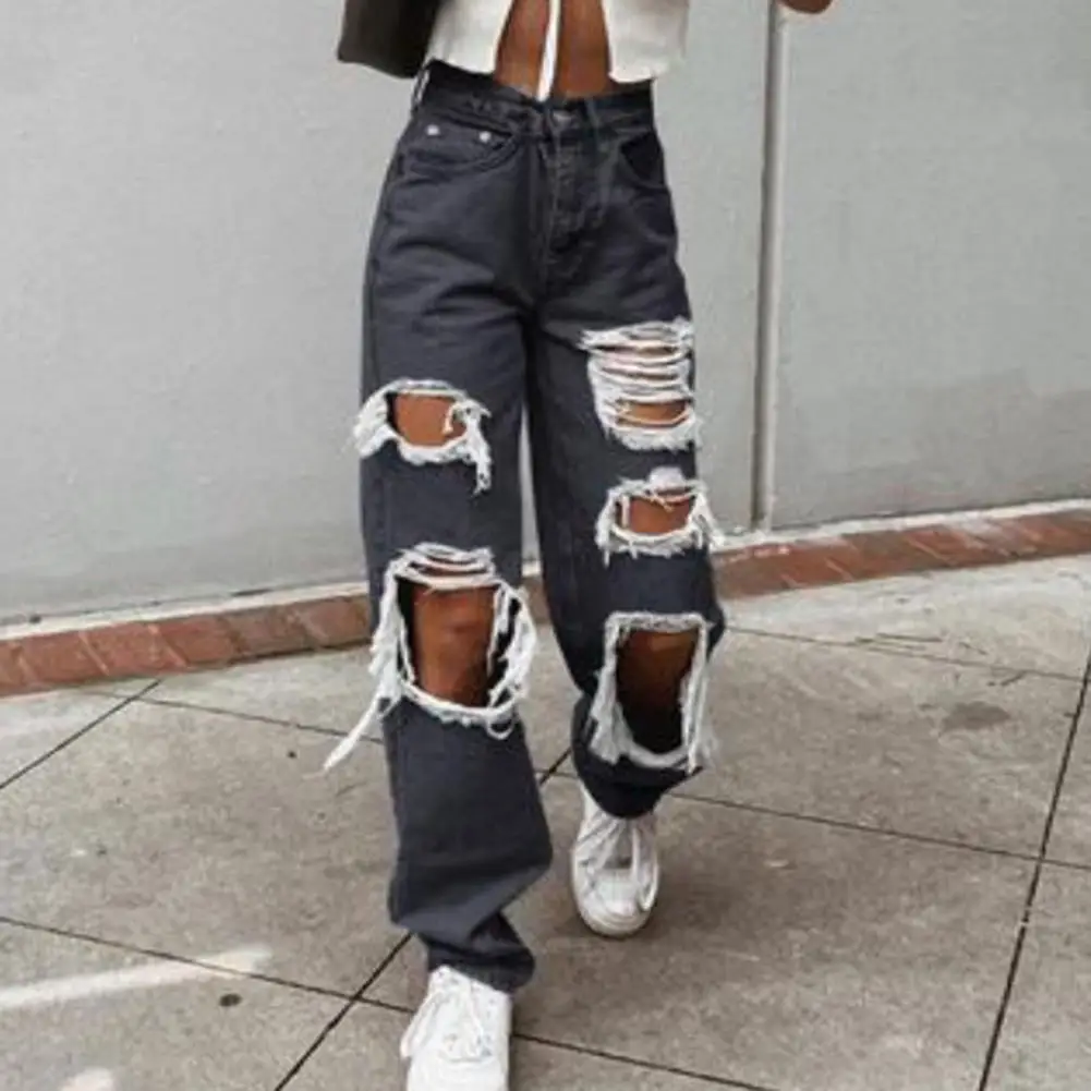 Women Jeans Zipper Fly Wide Leg Lady Denim Pants High Waist Women Denim Trousers No Stretch Women Ripped Loose Fit Jeans
