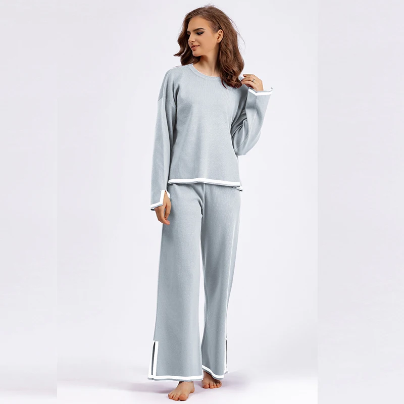 GIGOGOU Color Block Knitted Women Sweater Tracksuits Split Up Woman Pullover Sweater + Wide Leg Pants Suits 2 /Two Pieces Sets