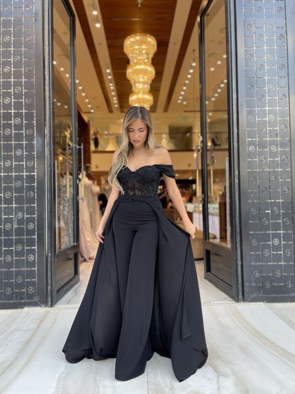 Jumpsuits Elegant Black Evening With Overskirts Off Shoulder Beads Prom Dress Pantssuit or Length Formal Long Jumpsuit Dresses For Special Ocn Fmal es