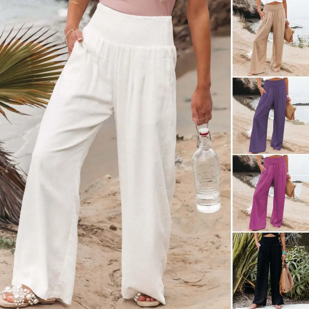 Women Summer Pants Solid Color 2025 new Wide Leg Mid Elastic Waist Full Length Loose Soft Breathable Lady Pockets Trousers Sweatpants