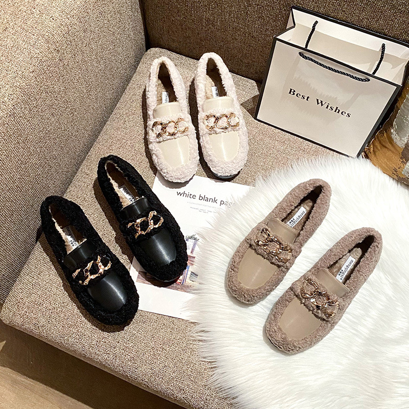2025 new a4efc winter fur new moccasins brand metal chains decoration leather patchwork furry flats 43plus size warm plush sneakers women ry
