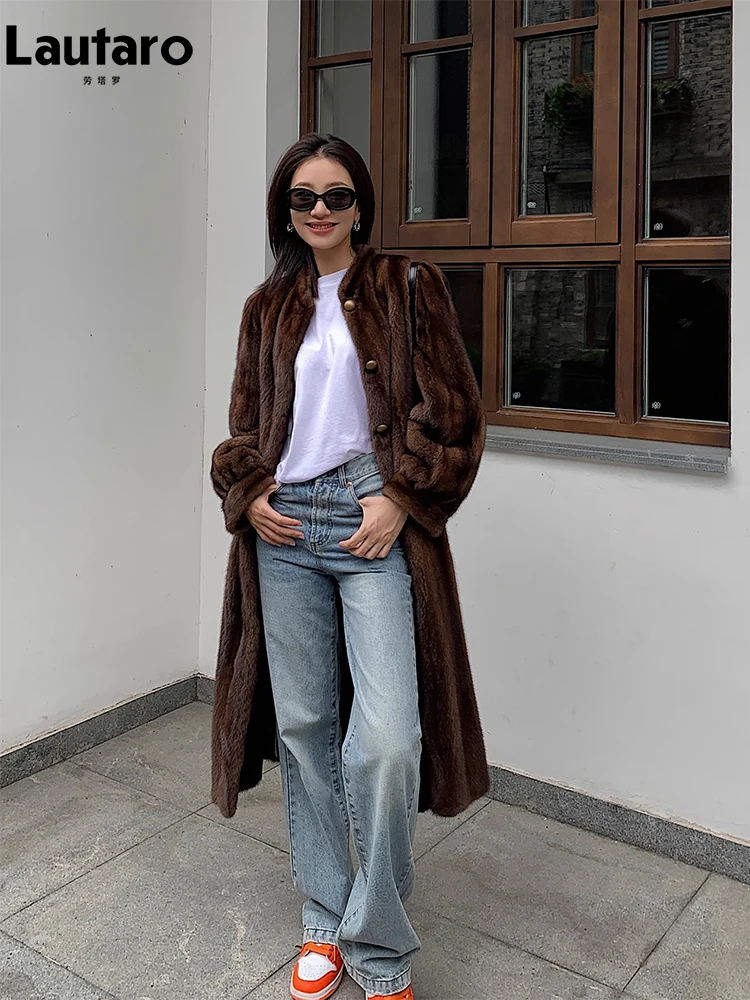 Lautaro Winter Long Brown Thick Warm Soft Faux Mink Fur Coat Women Puff Sleeve Elegant Luxury Chic Fluffy Furry Overcoat 2023
