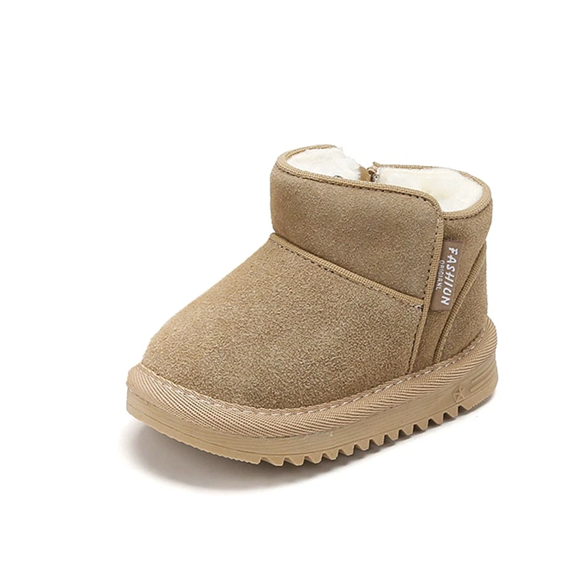Brand Genuine Leather Kids Snow Boots For Boys Girls Solid Suede Zip Ankle Boots With Thick Plush 0-3years Toddler Winter Shoes