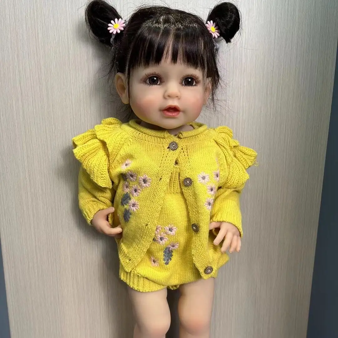 55CM full new body soft silicone vinyl Reborn Toddler Girl Doll Black hair lifelike Really Baby Doll Christmas Gift 2025 for Girl