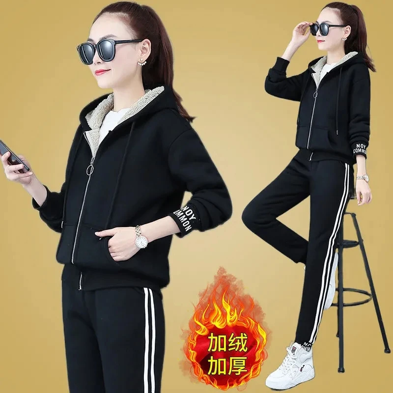 Faux Lambswool Zip Up Sweatshirt Casual Warm Fleece Pant Suit Autumn Winter Plus Velvet Thick Hooded Tracksuit Women 2 Piece Set
