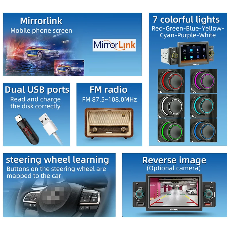 1 Din Car Radio CarPlay Android-Auto 5 Inch MP5 Player Bluetooth Hands Free A2DP USB FM Receiver Audio System Head Unit SWM151C