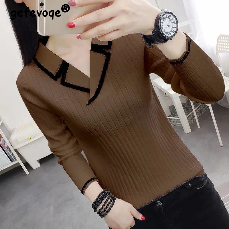 Women's Korean 2025 Elegant V-neck Slim Contrast Color Knitted Sweaters Autumn Winter Long Sleeve Pullovers new Basic Ladies Tops Jumpers