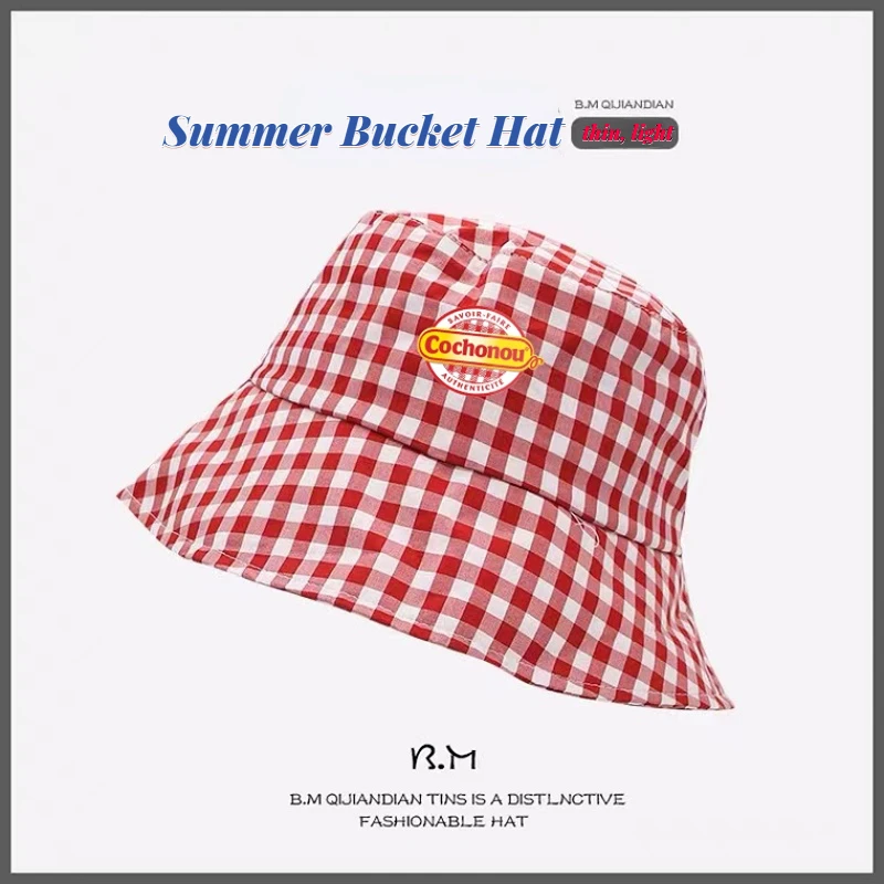 Topi Bob Cochonou kotak-kotak merah cantik wanita, topi ember musim panas dewasa kasual katun reversibel luar ruangan grosir