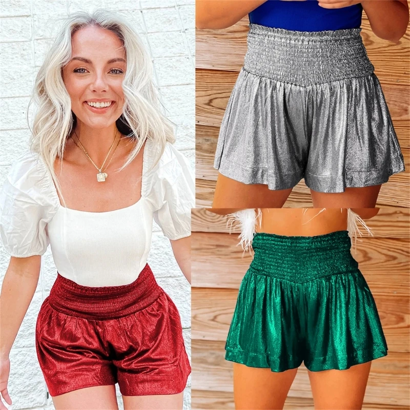 Women Smocked High Waist Glitter new Metallic 2025 Flowy Hot Shorts Dance Baggy Shorts