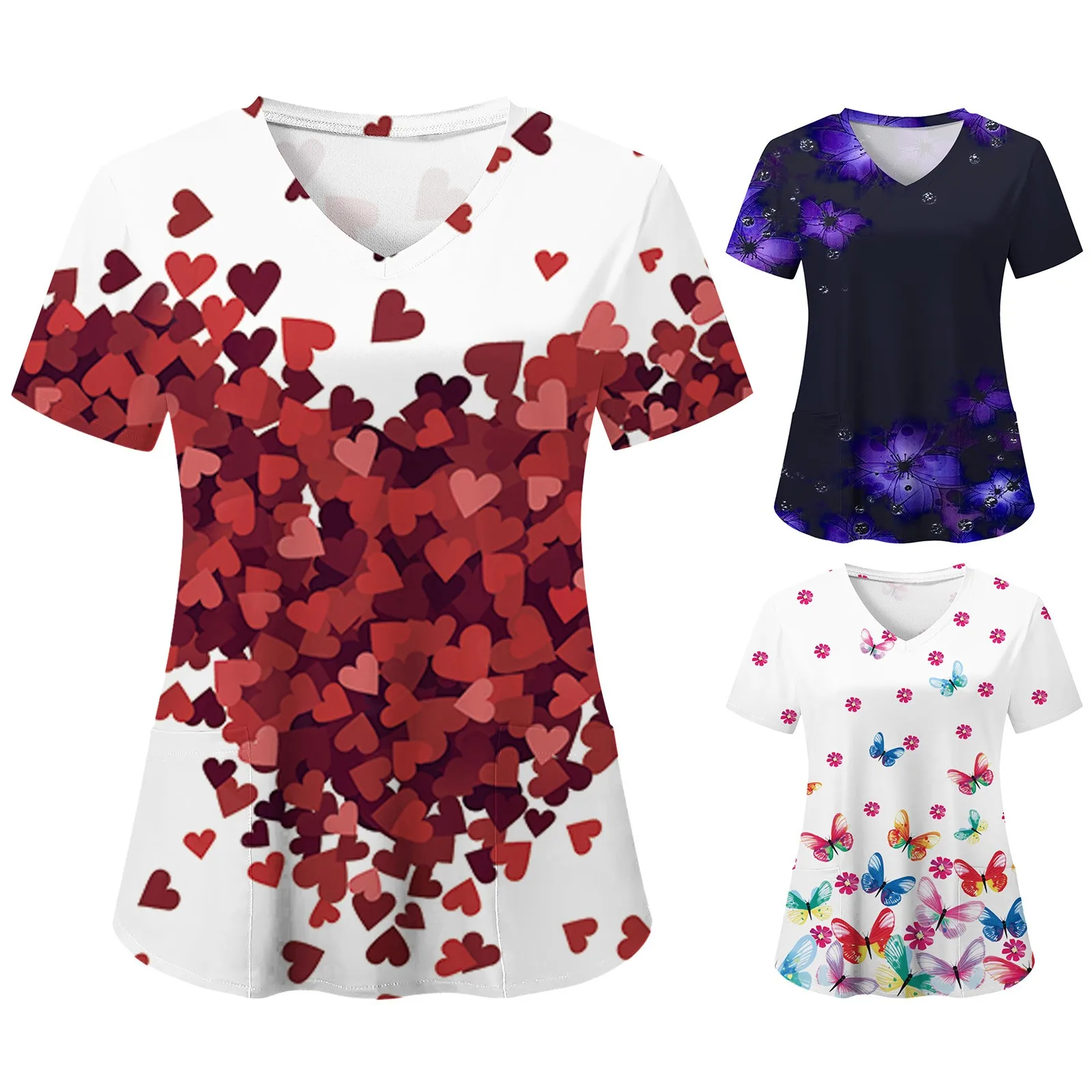 Nurse Uniform Women Womens Short Sleeve V Neck Butterfly Print Nursed Working Blouse Pockets Scrubs Work Medical Nursing Uniform