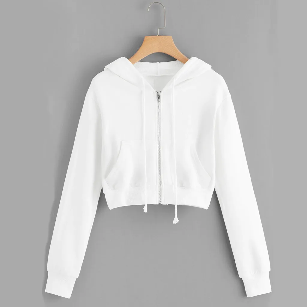 Zipper Sweatshirts Coat Women Autumn Casual Solid White Long Sleeve Short Hooded Sweatshirt Women 2025 Hoodies new Tops Sudadera Mujer