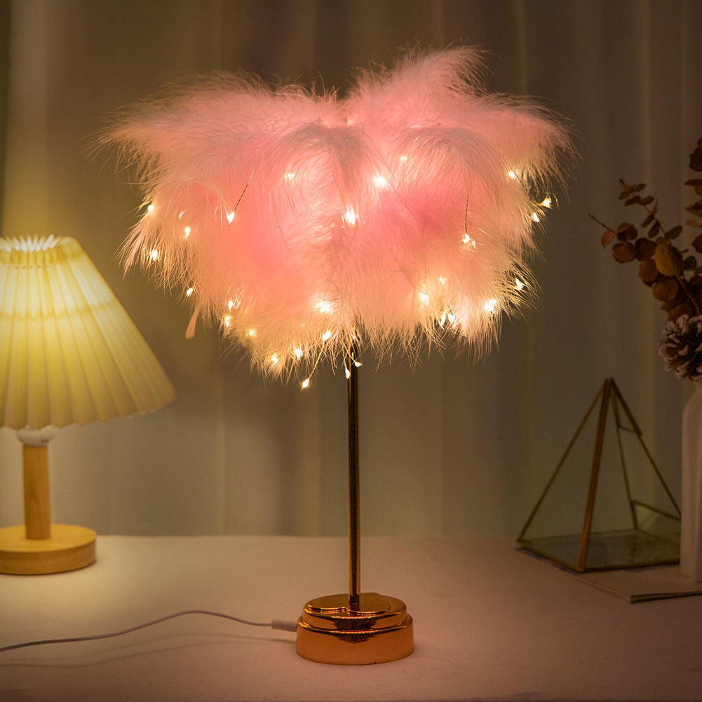 Pink Feather Lamp LED Atmosphere Feather Table Lamp Night Lights Bedside Lamps Desk Light for Wedding Home Bedroom Decoration