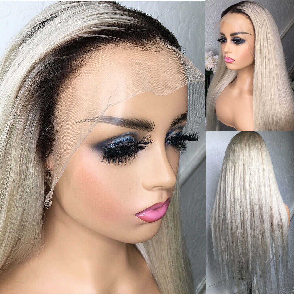 Platinum Ash Blonde Lace front Human Hair Wigs PrePlucked ombre 13x6 360 Lace Frontal wig Dark roots brazilian Hair straight