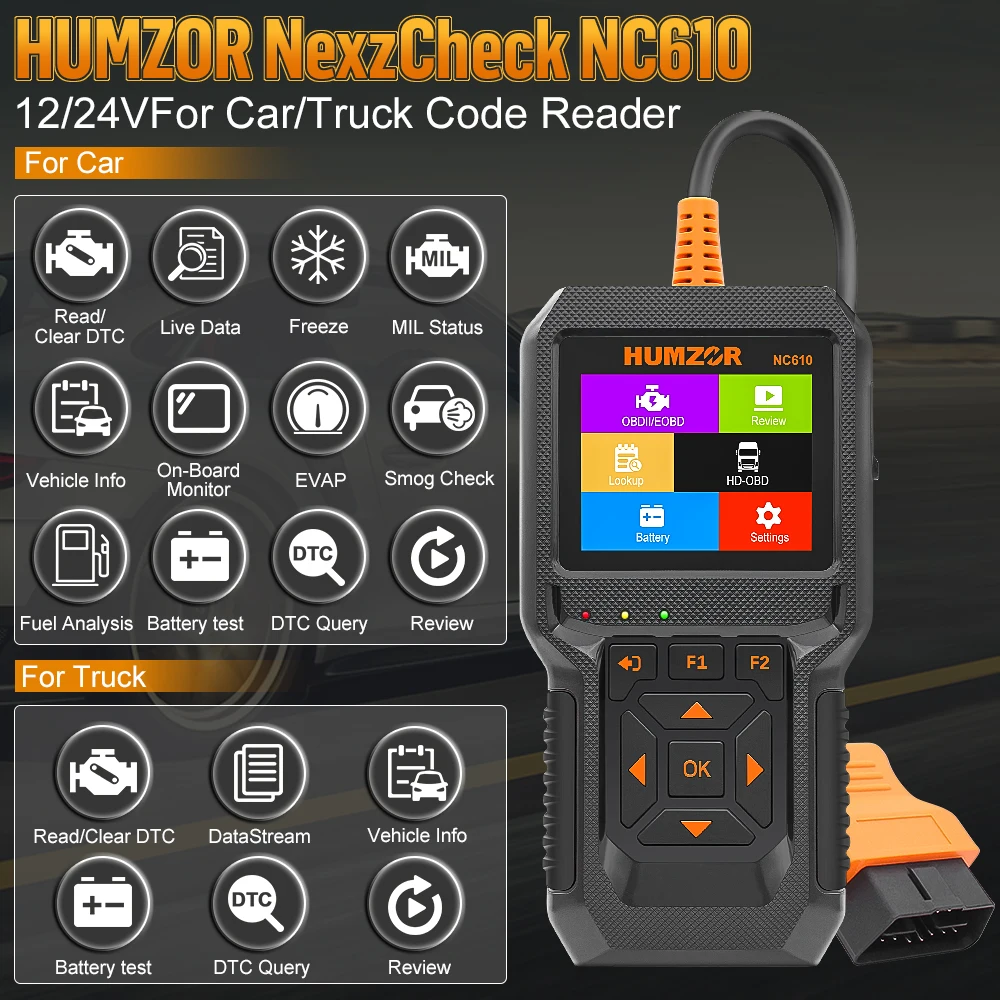 HUMZOR NC610 12V/24V Code Reader OBDII Engine J1939 For Car Automotive Scanner for Scania Truck OBD 2 OBD2 Diagnostic Auto Tool
