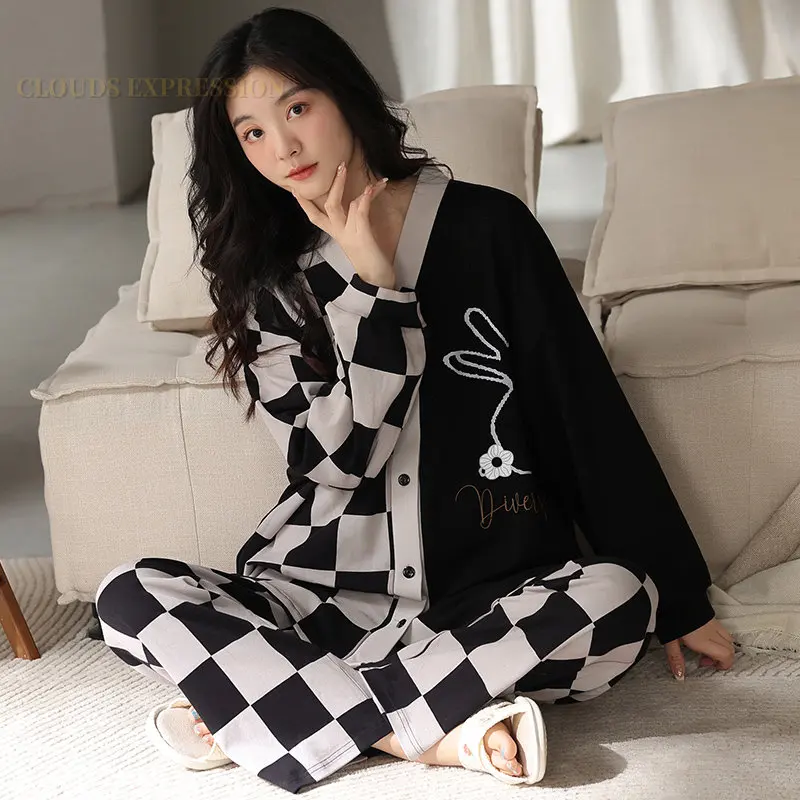 Spring Plaid Elegant new Women 2025 Pama Sets Female Pyjamas V-neck Girls Kimono Sleepwear Femme Loungewear Pijama Mujer Home Nightwear