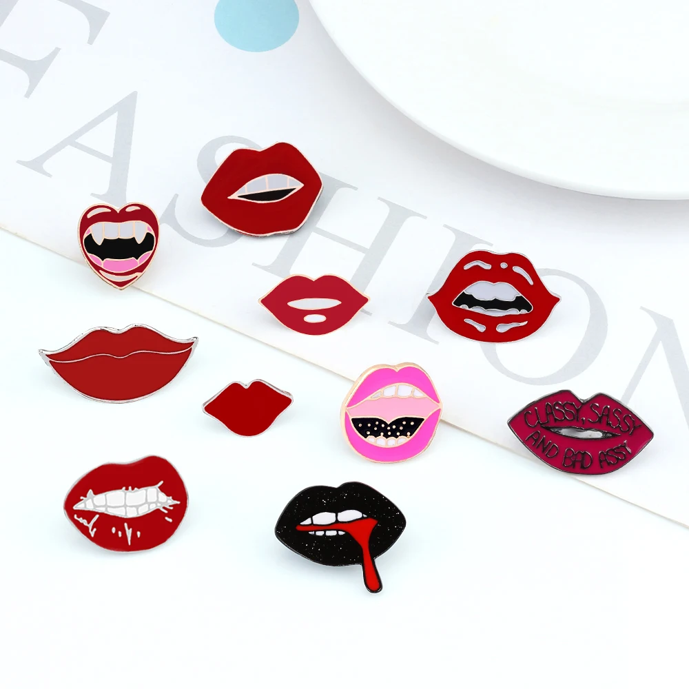 Women Sexy Red Lips Enamel Pin Personality Vampire Fangs Lip Brooch Black Shiny new 2025 Mouths Biting Tongue out Red Blood Badge Jewelry