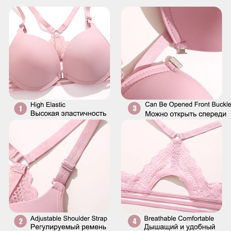 Sexy Women Lace Back Crossing Push Up Gather Bra Front Opened Full Cup Ladies Solid Underwear Female Soft Breathable Brassiere