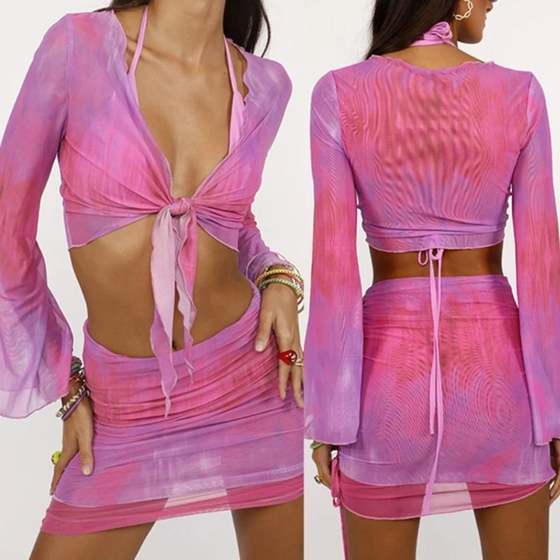 Women new 2025 2Pcs Tie-Dye Mesh Cover Up Long Sleeve Crop Top and Ruched Mini Skirt Set H7EF
