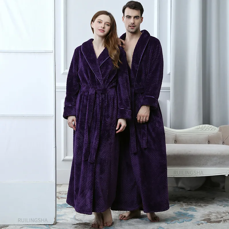 Men Winter Extra Long Thermal Coral Fleece Bathrobe Thick Flannel Warm Bath Robe Lovers Dressing Gown Women Nightwear Home Robes