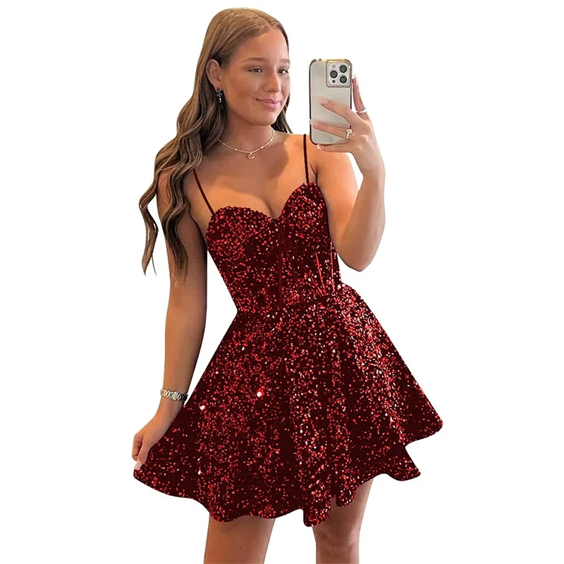 Doymeny Short Spaghett Sequins Homecoming Dresses Sparkly Midi Cocktail Party Pleat Gowns Prom Teen Formal Evening Vestido De