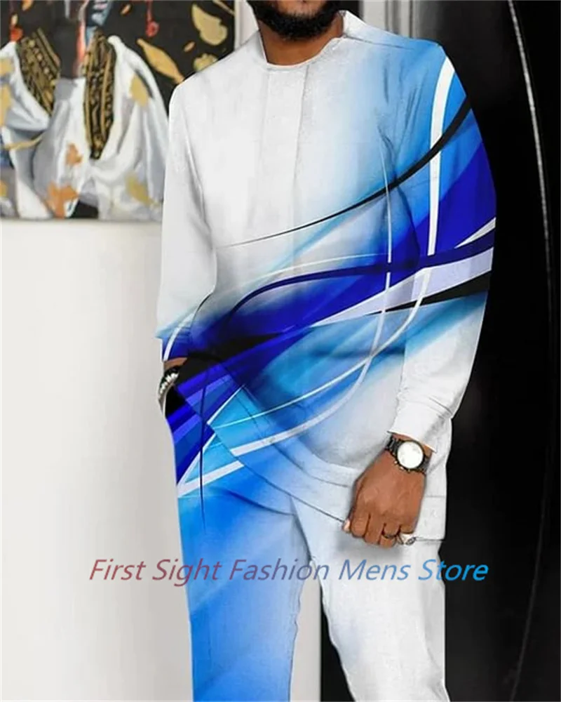African Clothing Set for Men Tracskuit Set Casual Walking Suit Ovrersize Streetwear Long Sleeve T-Shirt Trousers Outfit 2-piece