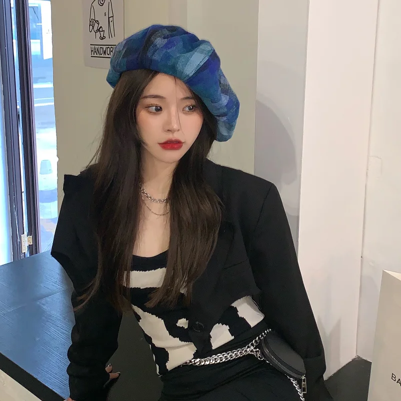 Women's Large Blue Beret Niche Exaggerated Tweed Painter Hat Tie-dye new Color 2025 Contrast Personality Japanese Oversized Cloud Hat