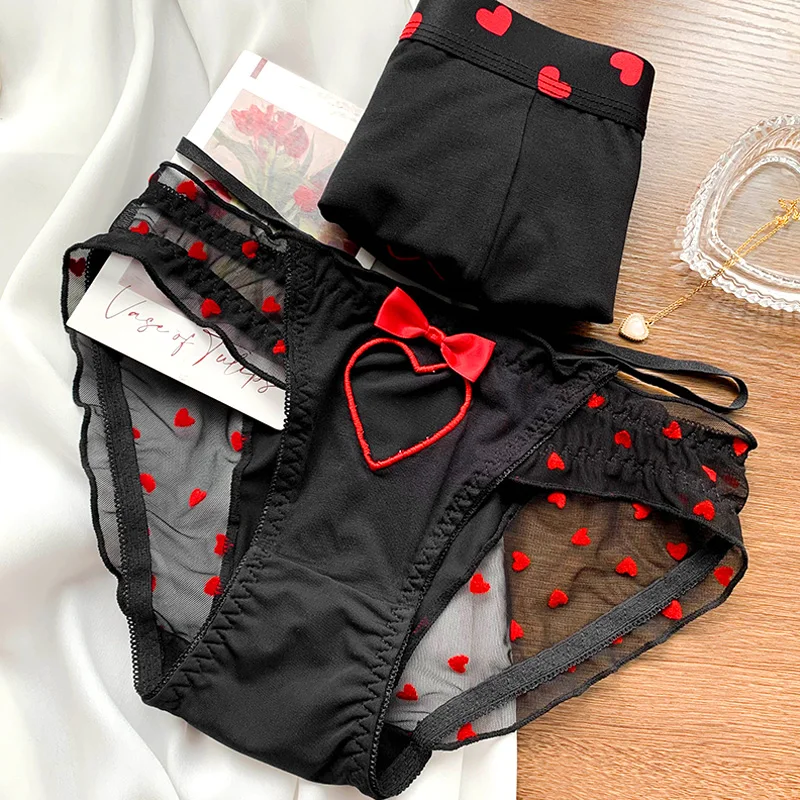 Couples Underwear Women Men's Boxers Panties Lace Net Yarn Boy Girls Underpants Love Hollow Out Sexy Briefs Lovers Lingerie
