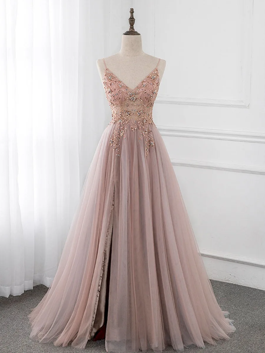 Dusty Pink Bridesmaid Dresses Spaghetti Straps V-Neck Rhinestones Beading new Crystal Wedding Paety 2025 Formal Prom Evening Gowns