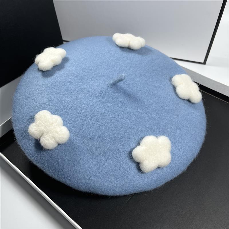 RH New Handmade new Cute White Clouds Wool Felt French Berets Spring Winter Artist Warm Painter Hats 2025 For Gift