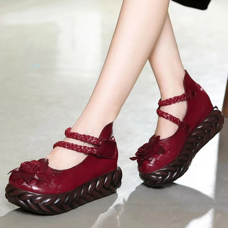 Women's Wedge Heels: ral Pumps, Handmade Genuine Leather Mary Janes 4