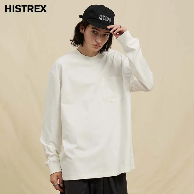 250 gsm 8.8 oz 100% Cotton Plain Long Sleeve T shirt With PocketSpring Fall Oversized Tee MenUnisex Loose Hip Hop Tshirt Women 240319