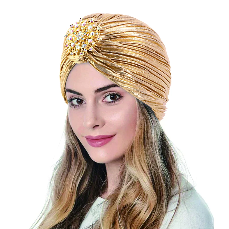 New Women Gold Silver Diamond Jewel Turban Hats Chemo Bandana Hijab Pleated Indian Cap Turbante Hat Ladies Hair Accessories Hat