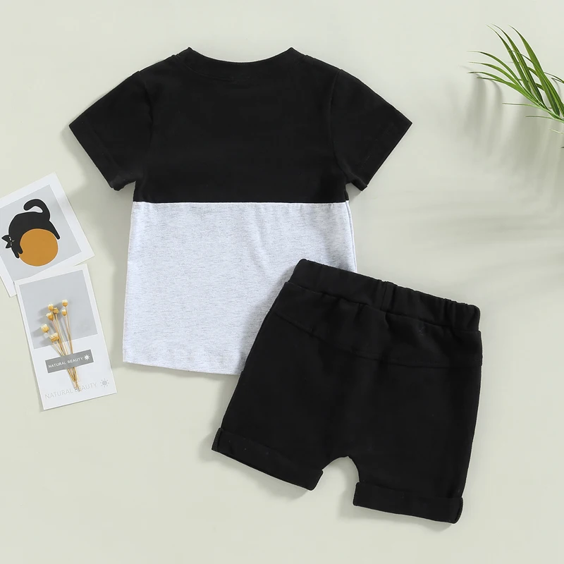 2023-02-01 Lioraitiin new 0-3Years Toddler Boys 2Pcs Summer Outfit 2025 Sets Short Sleeve Contrast Color Tops Solid Drawstring Shorts