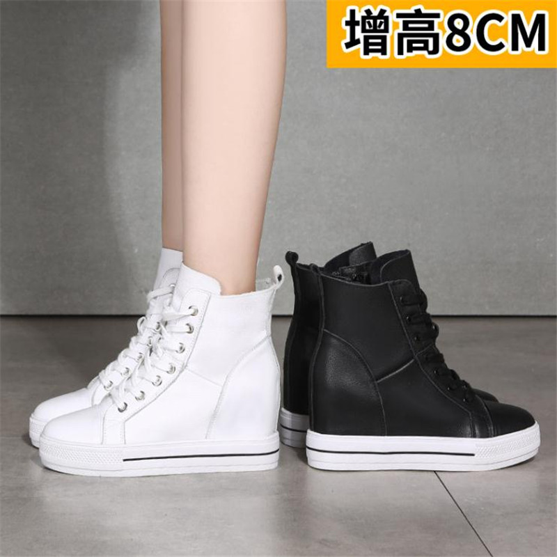 Women Genuine Leather 8cm Hidden Wedge Sneakers Platform Shoes High Heels Sneakers Woman Casual Shoes White Women Trainer