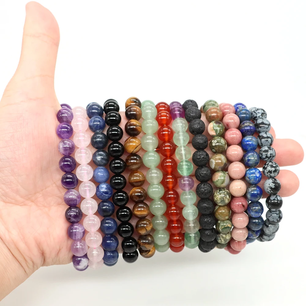 Natural Stone Round Beads Bracelet Amethyst Rose Quartz Chakra Healing Crystal Elastic Stretch Bangle For Women Men Jewelry Gift