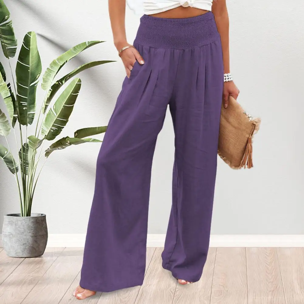 Women Summer Pants Solid Color 2025 new Wide Leg Mid Elastic Waist Full Length Loose Soft Breathable Lady Pockets Trousers Sweatpants