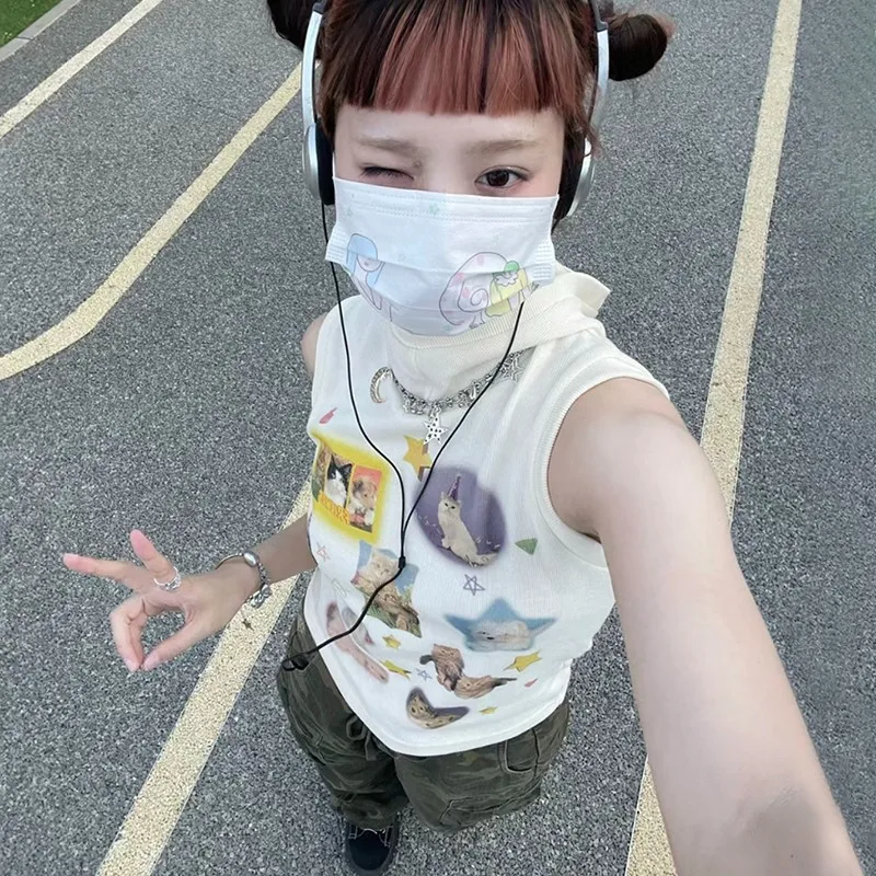 Karrram Y2k Aesthetics Tank Tops Japanese Haruku 2025 Cute Top 2000s Kawaii new Cat Print Tanktop Fairycore Ribbed Hooded Tops E-girl